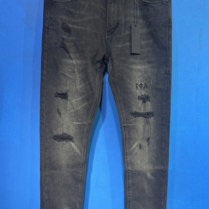2025 New Destroyed Scratch Hole Men's High Street Slim Fit Skinny Light black embroidery Denim Jeans Pants