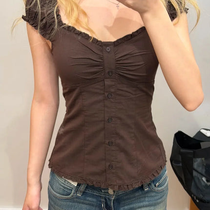 Blue Striped Folds Blouse Top Women New Casual Single Breasted Ruffle Sleeveless Tank Tops Vest Sweet Preppy Style Camisole Y2K