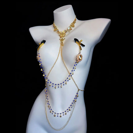 Sexy Gold Collar Sparkling Rhinestone Nipple Clamps BDSM Body Restraint Couple Training Waist Chain Female Sexy Accessories 18+