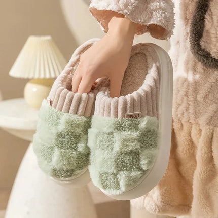 Fashion Couple Winter Toe Wrap Warm Plaid Plush Slippers Men Women Thick Soft Sole Slides Indoor Floor Flat Home Non-slip Shoes