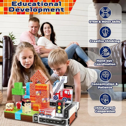 Creative Building Blocks Magnetic City firefighter World Set for Boy Age 3+ Architectural DIY Model Street View Children