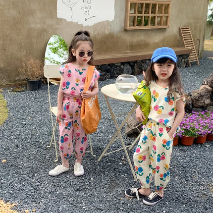 2026 Summer Children Girls 2PCS Clothes Set Cotton Floral Printed Short Sleeve Tees Suits Loose Cropped Pants Kids Girls Outfits