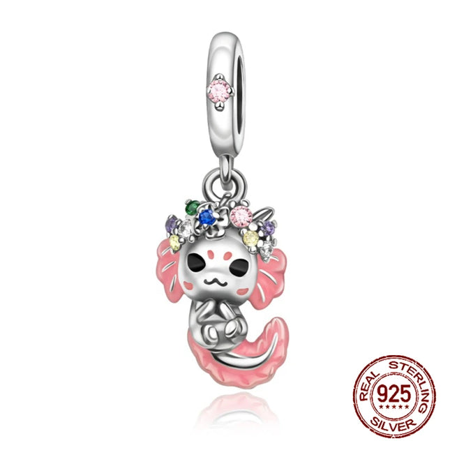 925 Sterling Silver Cute Pink Axolotl Walking Fish Pendant Charm Fit Original Charm Bracelets Women DIY Jewelry Gift