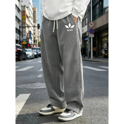 Mens Corduroy Wide Leg Trousers Elastic Drawstring Waist Abstract Leaf Sport Graphic Print Loose Straight Casual Street S-4XL