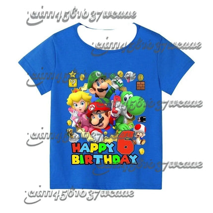 Super Mario Birthday Number T-Shirt Blue Short Sleeve Cartoon Figure Party Top for Men Women Kids - Family Matching Gift