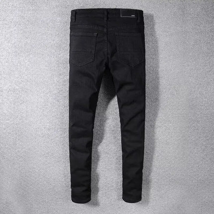 Jeans for Man Original 2025 High Street New Black Ripped Patch Jeans Men's Brand Elastic Slim-fit Small Feet Pants Skinny Jeans