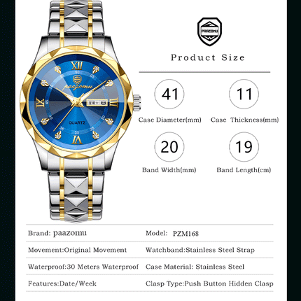 PAAZOMU Men's Wristwatch Top Brand Luxury Waterproof Luminous Date Week Men's Watches Stainless Steel Quartz Men's Watch Male reloj
