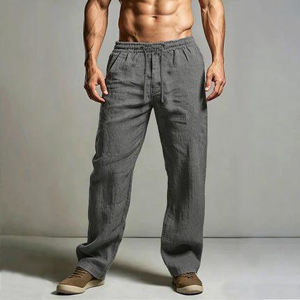 Men's Cotton Linen Casual Pants Solid Color Breathable Lightweight Elastic Waist Casual Basic Dailywear Male Classic Long Pants