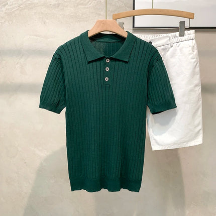 Slim Fit Knitted T-Shirt Short Sleeve Vertical Stripe T-Shirt Summer Fashionable Korean Style Lightweight Casual Top