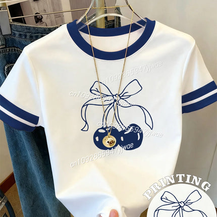 Women's Y2K Cherry Bow Graphic Printed T-shirt Round Neck Fashion Streetwear Top Summer Women's Casual T-shirt