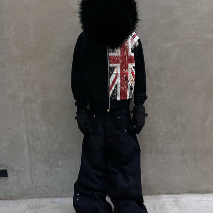 Winter Punk Style Distressed Union Hoodie women Fashion Retro Grunge Zip-up Sweatshirt Streetwear Oversized Hooded 2025 New