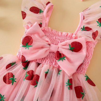 Baby Girls 2 Piece Outfits Comfortable Sleeveless Square Neck Strawberry Print Romper Dress and Bow Headband Set