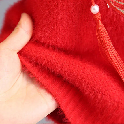 Red Chinese Dragon Sweater for Girls Traditional Tassel Design Fluffy Flocking Knitted Clothes New Warm Little Girl Tops GY12161