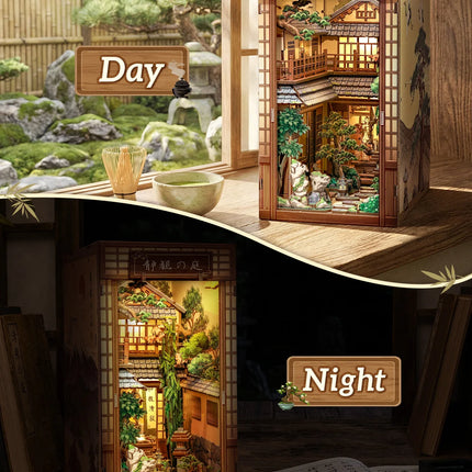 CUTEBEE Bookstore Model Miniature House DIY 3D Wooden Puzzle Bookshelf Insert Serene Courtyard with Dust Cover for Room Decor