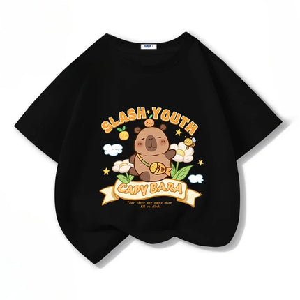 Cartoon Capybara Print Cotton Cool Children's T-shirt Short Sleeve Summer 100% Cotton New Fashion Boys Girls Tee Top Kid Clothes