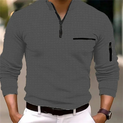 New men's long-sleeved striped POLO shirt with zipper collar, retro style sports and outdoor casual tops