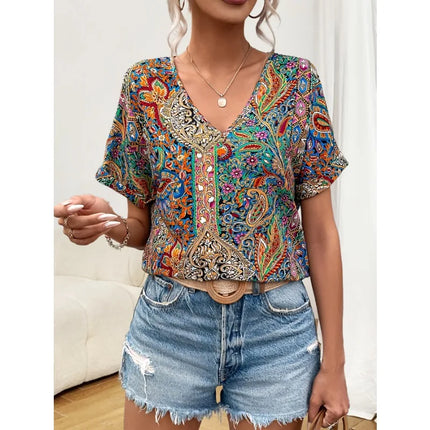 Plus Size 0XL-5XL Women's Fashionable V-neck Printed Casual and Comfortable Short Sleeved Shirt