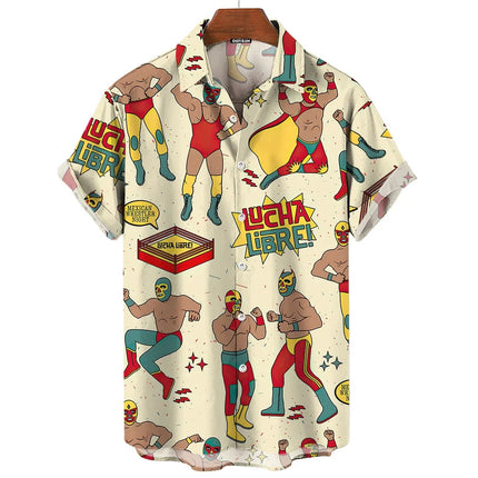 New Retro Men's Shirt 3d Mexican Wrestling Print Short Sleeve Shirt Fashion Man Clothing Loose Oversized Hawaiian Shirts for Men