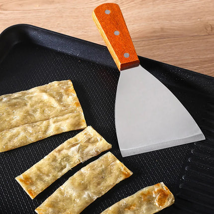 Stainless Steel Oblique Spatula Steak Burger Pancake Pizza Scraper Shovel Wooden Handle Barbecue Utensils Kitchen Cooking Tools