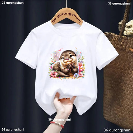 Harajuku Kawaii Kids Clothes Funny Otter Love Flowers Animal Printed T-shirt Girls/Boys Summer Fashion T-shirt Tops