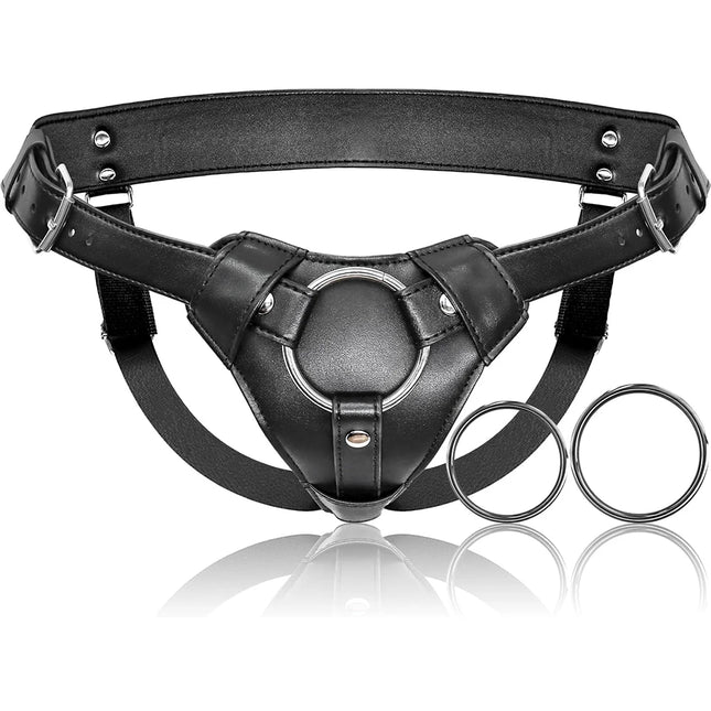 Strap On Dildo Harness Adjustable Waist and Thigh Soft Nylon Vegan Leather Belt with 2 Size Metal O-Rings for Lesbian Gay Couple