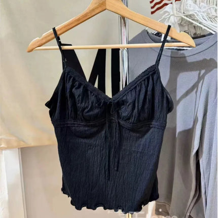 Floral Print Bow V Neck Camis Women Chic Lace Trim Sleeveless Slim Crop Tops Vest Sweet Casual Fashion Raw Hem Tank Top Y2k New