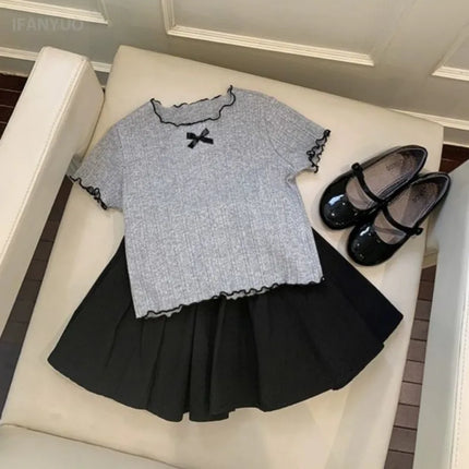 Girls' 1-12Y Korean-Style Knitted Lace-Trimmed Short-Sleeve Summer Ruched Tops: Trendy, Breathable, Bow Tie, Versatile Tee