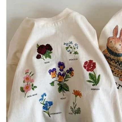 2025 Summer Kids Clothes Children Short Sleeve Korean Style Rabbit Flower Print T-Shirt Baby Girls Half Sleeve Round Neck Tops