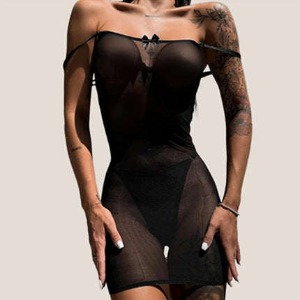 Ellolace Solid Women's Casual Dresses Transparent Dress Thong 2PC Tempted Back Tie-up Erotic Women's Underwear Sexy Girls' Kit