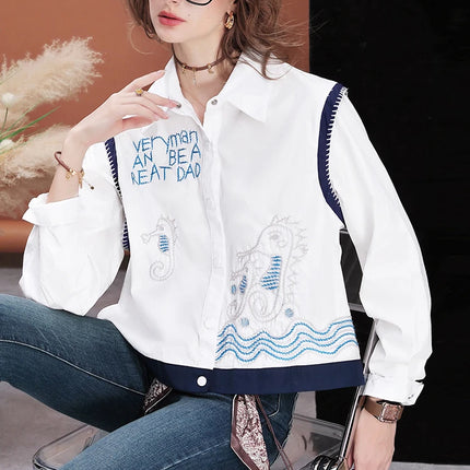 Women Embroidered Short Shirt Loose Fit Blouse Cropped Casual Cotton Top Long Sleeve Fashion Streetwea