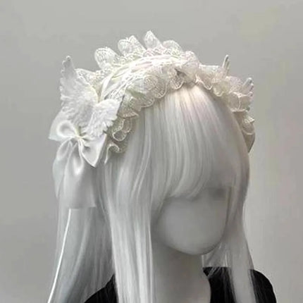 Gothic Lolita White Lace Headband with Angel Wings & Bow Elegant Ruffled Hair Band Hair Accessories for Women Cosplay & Party
