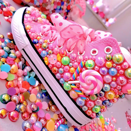 Handmade Rhinestones Bling Girls Women Kids And Mother Candy Canvas Shoes Pearls Sneakers For Girl Birthday Party Wedding
