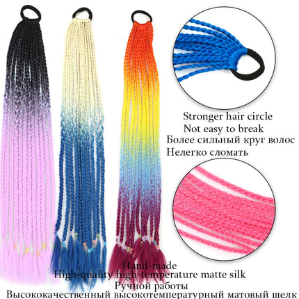 Synthetic Gradient Color Dirty Braided Ponytail Extensions With Elastic Band 24" Rainbow Braid Pony Tail Hairpiece For Girl
