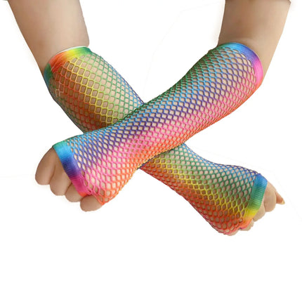 Fishing Net Glove Rainbow Glove Neon Party Punk Half Finger Glove Nightclub Sexy Net Eye Long Glove