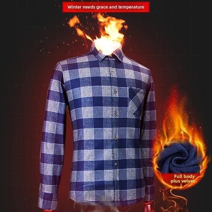 Thickened Fleece Men's Casual Shirt Warm Plaid Set Winter Wear Comfortable Breathable Fashionable Chinese Brand Clothing