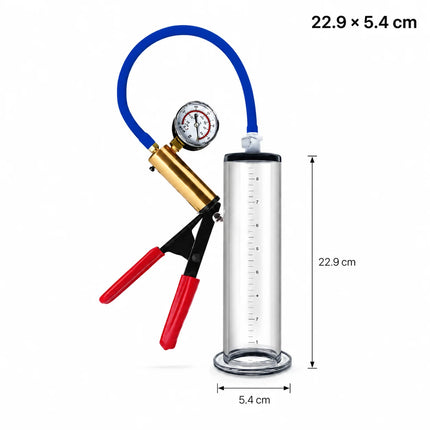 Male Acrylic Cylinder Vacuum Pump Sex Toy with Blue Hose Red Hand Grip Gauge and Man Masturbation Accessories
