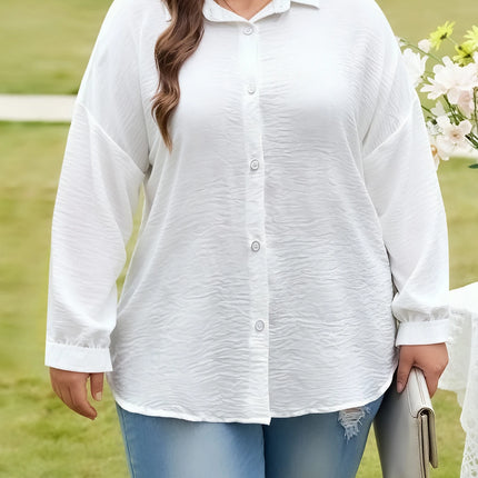 Plus Size Women's White Shirt Collared Long Sleeve Loose