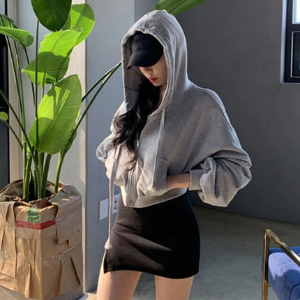 Autumn Winter Short Sweatshirt for Women Solid Hooded Sports Zipper Cropped Jacket Woman Fashion High Waist Loose-Fit Hoodies