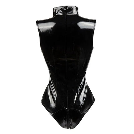 Women Exotic Stretch Faux Leather Sleeveless Bodysuit Ladies PU Full Zipper Open Crotch Sexy Thong Jumpsuit Party New Custom