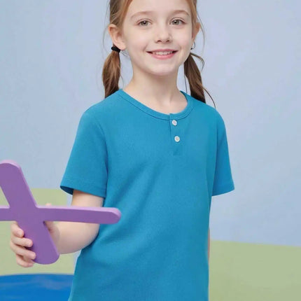 Summer children's solid color fashionable short sleeved button fashion Henry shirt boys and girls casual T-shirt versatile top