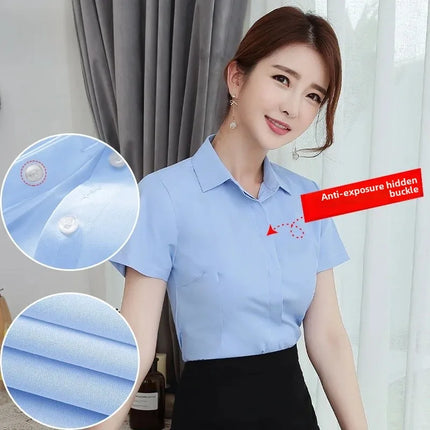 White Women's Shirt Short Sleeve Spring Summer New Work Uniform Formal Long Sleeve Black Blue Professional Clothing Female Blouse