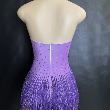 Sparkly Rhinestones Fringe Bodysuit Women Nightclub Party Dance Costume Stage Wear Sexy Tassel Leotard Performance Clothing 7G