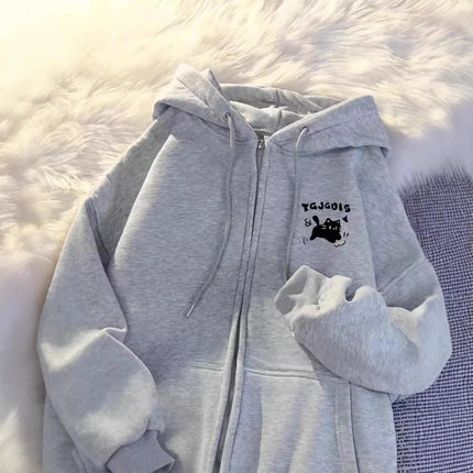 American Style Cat Print Open Cardigan Hoodie Jacket Loose Fit Long Sleeve Polyester Comfortable Casual Commute Style for Women