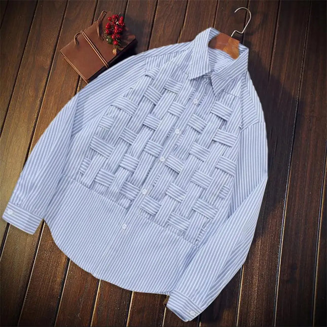 Men Fall Shirt Weaving Striped Print Individual Long Sleeve Cardigan Single-breasted Loose Cardigan Braided Men Spring Top