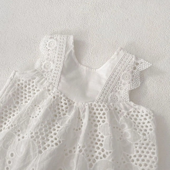 Summer Baby Girl Round Neck Sleeveless Lace Splicing Top + Solid Color Baggy Pants 2-piece Set