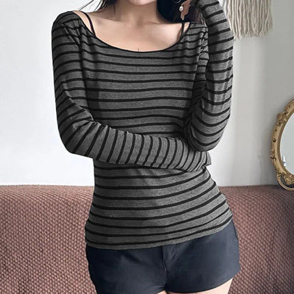 Punk Vintage O Neck Long Sleeve Shirts Striped Design Harajuku Embroidery Tops Y2k Autumn Winter Loose Casual Base Layer T-shirt