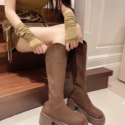 New Vintage Women Stretch Slim High Boots Fashion Back Zippers Shoes Autumn Winter Thick Heel Ladies Knight Long Booties 2025