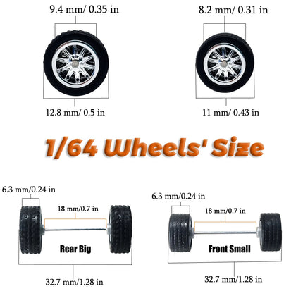1/64 Front Small and Rear Big Wheels with Detachable Rubber Tires Circular Spoke Refitting Parts for Hotwheels Model Cars 5 Cars