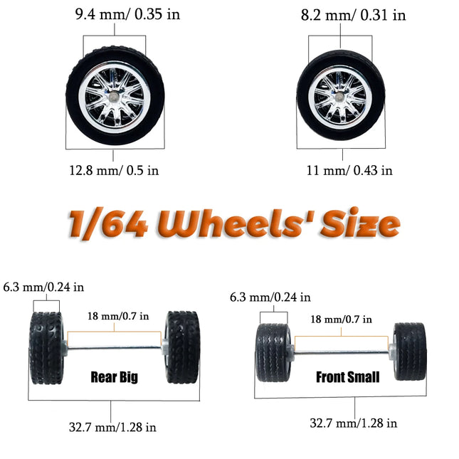 1/64 Front Small and Rear Big Wheels with Detachable Rubber Tires Circular Spoke Refitting Parts for Hotwheels Model Cars 5 Cars