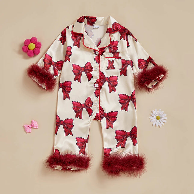Baby Girls Pajamas Long Sleeve Bow Print Furry Patchwork Button Closure Jumpsuit Sleepwear Loungewear